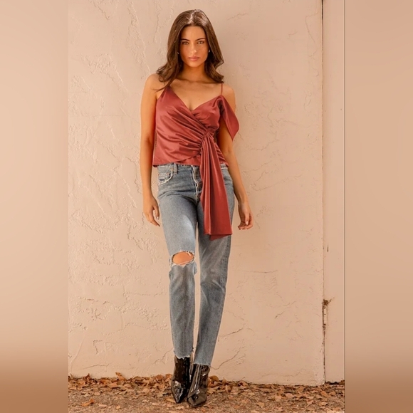 Catch Your Attention Rust Orange Satin One Shoulder Tank Top - Picture 1 of 11